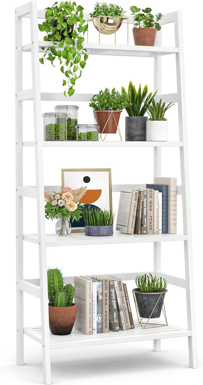 Homykic Bamboo White Bookshelf 4-Tier Ladder Shelf, 49.2” Freestanding Open Bookcase Book Shelf Bathroom Storage Shelf Unit Plant Stand for Small Space, Bedroom, Living Room, Home Office-Ruum Studio Home