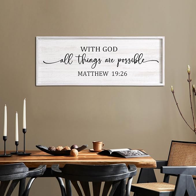 With God All Things are Possible Framed Wall Art, 40''×15'' Vintage Holy Religious Rustic Bible Verse for Christian God Jesus Christ Prayer, Positive Horizontal Inspirational Catholic Scripture Decor-Ruum Studio Home