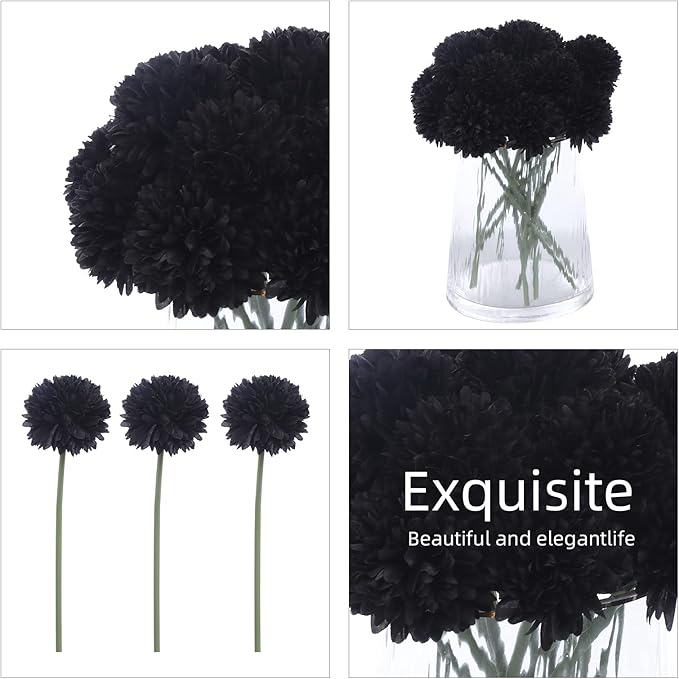 Kimura's Cabin 20Pcs Black Fake Ball Flowers Artificial Silk Chrysanthemums Faux Mums Flower Bouquets for Halloween Home Festive Party Decor Kitchen Table Centerpiece(Black)-Ruum Studio Home