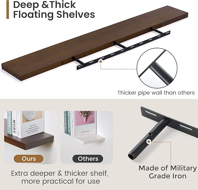 Floating Shelves 55 Inches Long - 8 Inch Deep Rustic Solid Pine Wood for Storage - Farmhouse Wall Mounted for Living Room - Heavy-Duty Metal Bracket - 55" W x 8" D - American Walnut Color-Ruum Studio Home