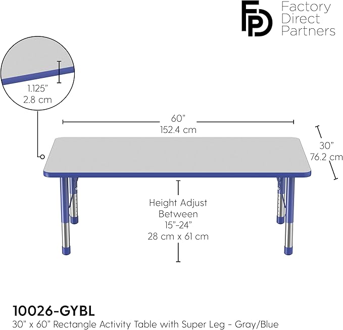 FDP Rectangle Activity School and Classroom Kids Table (30 x 60 inch), Toddler Legs, Adjustable Height 15-24 inches - Gray Top and Blue Edge-Ruum Studio Home