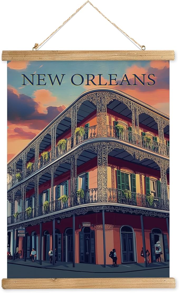 WREVERW Vintage New Orleans Poster Canvas Print with Wooden Hanger Frame, Featuring French Quarter Architecture and Iconic Iron Balconies, Wall Art for Home and Office Decor, 16x23 inches-Ruum Studio Home