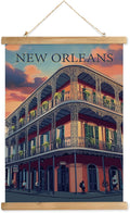 WREVERW Vintage New Orleans Poster Canvas Print with Wooden Hanger Frame, Featuring French Quarter Architecture and Iconic Iron Balconies, Wall Art for Home and Office Decor, 16x23 inches-Ruum Studio Home