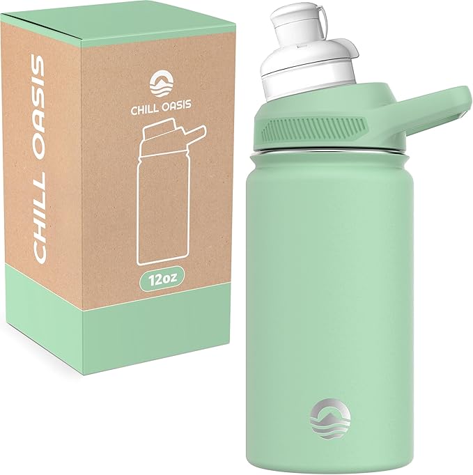 Chill Oasis Water Bottle | Compatible With Popular Flavor Cartridges | BPA Free, Leak Proof, Double-Walled Vacuum Insulated Stainless Steel, and Dishwasher Safe | Cold for 24 Hours (Sage, 12oz)-Ruum Studio Home