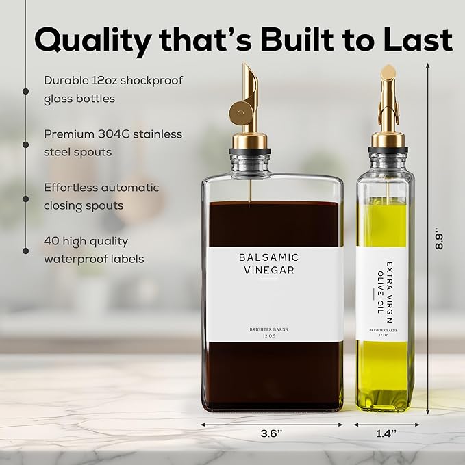 Glass Olive Oil Dispenser Bottle for Kitchen by Brighter Barns - Coffee Syrup Dispenser, Oil and Vinegar Bottle - Modern Kitchen Essentials for Home, Restaurant, Coffee Bar, Airbnb (Clear, Set of 2)-Ruum Studio Home
