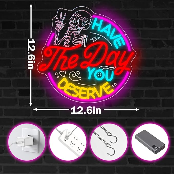 Have The Day You Deserve Neon Sign,Funny Skull Neon Signs For Wall Decor,USB Dimmable LED Neon Light signs for Bedroom,Party, Bar, club,Living Room Halloween Decoration Gifts-Ruum Studio Home