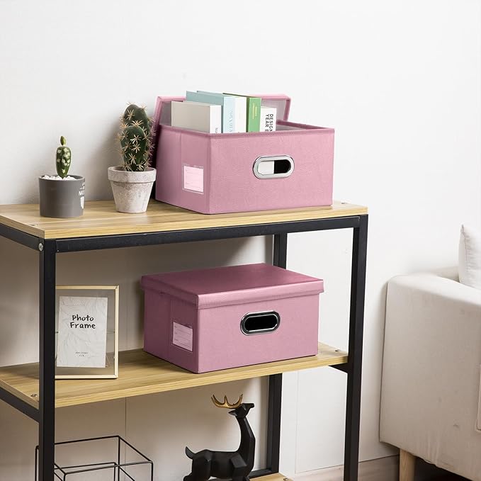 PRANDOM Collapsible Storage Box with Lid [3-Pack] Leather Fabric Foldable Storage Bin Organizer Container Basket Cube with Cover for Home Bedroom Closet Office Nursery Pink(13.6x9.6x6.9)-Ruum Studio Home