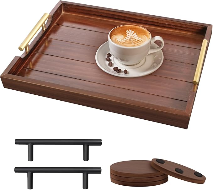 Coffee Table Tray - Large Ottoman Trays for Living Rooms - Wood Serving Tray with Handles(2 Sets) - Wooden Tray for Coffee Table, 4 Round Coasters Included, Dark Brown-Ruum Studio Home