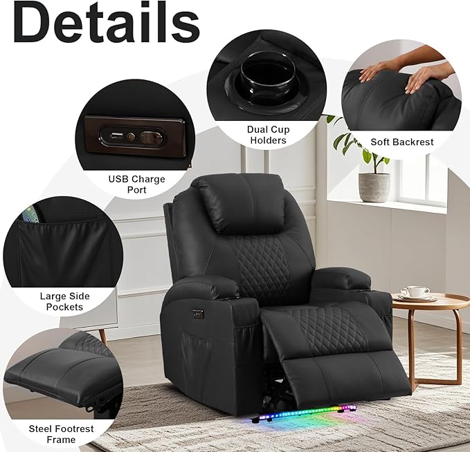 AHMED Power Recliner Chair with Vibration Massage & Heat for Adults, Faux Leather Home Theater Seating with Cup Holders/LED Lights/USB Ports/Side Pockets for Living Room, Black-Ruum Studio Home