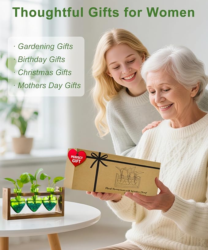 Nacome Plant Terrarium for Office Decor: Birthday Gifts for Plant Lovers Women Mom Wife - Wooden Stand Tabletop Planter 3 Bulb Glass Vase Heart Shaped for Hydroponics Indoor Home(Green)-Ruum Studio Home