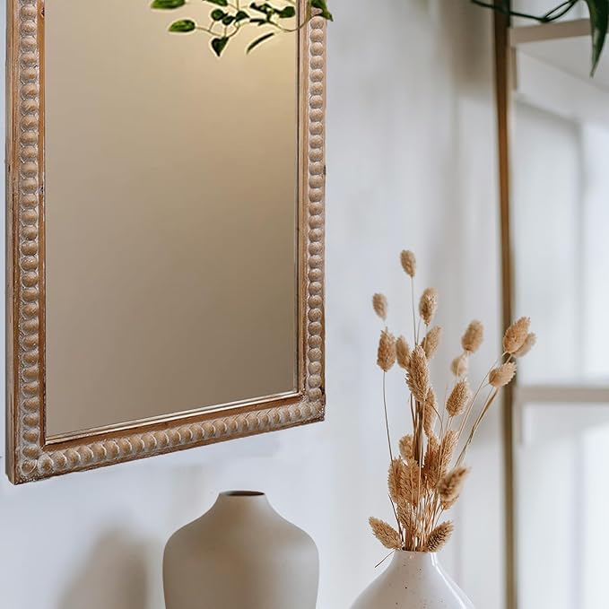 Farmhouse Bathroom Mirror 22x30 Inch - Rectangular Wall Mirrors with Wood Frame & Beaded Design - Distortion-Free Glass, Horizontal/Vertical Mount or Freestanding-Ruum Studio Home