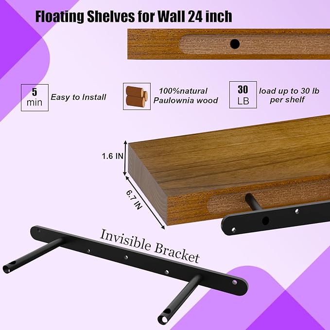 IAE Walnut Floating Wall Shelves 24 inch, Bathroom Shelves Wall Mounted,Invisible Shelves Floating Kitchen Shelves,Wooden Wall Shelves with Brackets for Living Room Wall Mounted,Easy Install,Set of 2-Ruum Studio Home