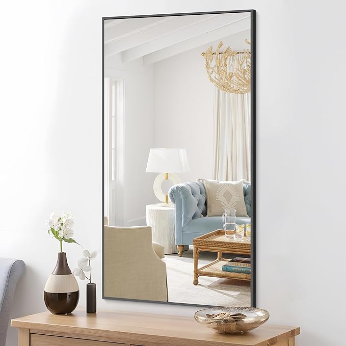 48x24In Black Bathroom Mirror for Wall, Rectangle Mirrors with Metal Frame, Bathroom Rectangular Mirror Modern Wall Mirror for Bedroom Living Room, Entryway Hangs Horizontal or Vertical-Ruum Studio Home