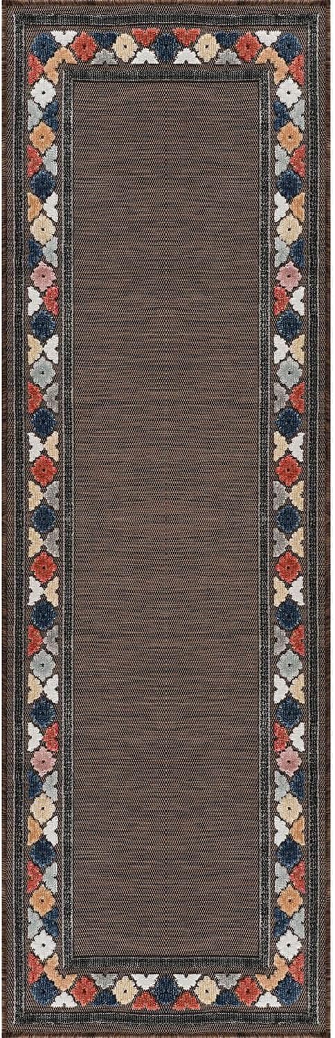 Beverly Rug Outdoor Runner Rug 2x7 Modern Floral Bordered Area Rugs for Indoor and Outdoor Patio Easy to Clean Non Shedding Living Room Porch Garden Washable Outside Carpet (2 x 7 Brown)-Ruum Studio Home