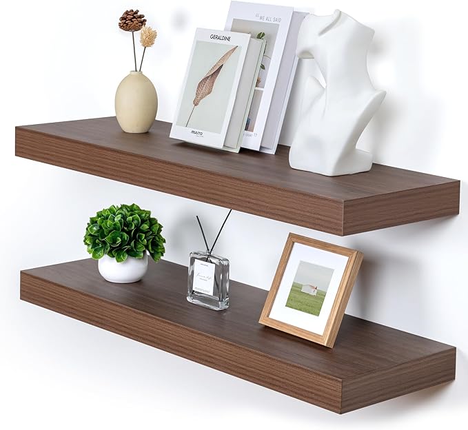 Deep Floating Shelves for Wall, 36'' x 12'' Rustic Large Floating Shelves Set of 2, 12 Inch Deep Walnut Wood Wall Shelves for Living Room Bathroom Laundry Room Bedroom Kitchen Home Office - Walnut-Ruum Studio Home