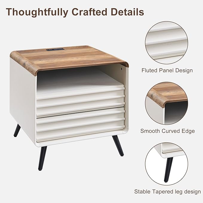 RedLemon 24" Nightstand Set of 2 with Charger Station, Mid Century Modern Fluted End Table with 2 Drawers，Wooden Side Table with Open Cubby Storage for Living Room, Bedroom, Office (Antuique White)-Ruum Studio Home