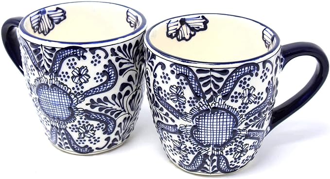 Encantada Handmade Hand-Painted Authentic Mexican Pottery Mugs (Cobalt Blue Flower X2)-Ruum Studio Home