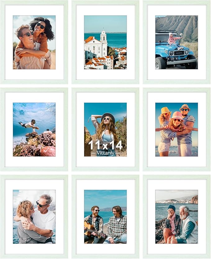 Vittanly 11x14 Picture Frames Set of 9, Shatter Resistant Plexiglass, Display 8x10 Pictures with Mat or 11x14 without Mat, Photo Frames for Wall or Tabletop, Engineered Wood, Vintage Green-Ruum Studio Home
