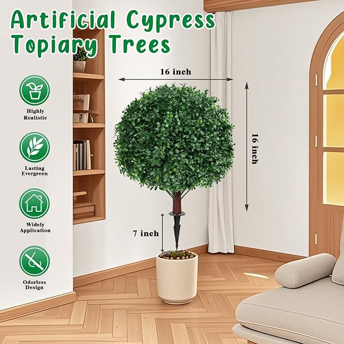 Artificial Boxwood Topiary Ball Tree with Ground Spike, Set of 2 Artificial Shrub Bushes, Fake Evergreen Tree for Porch, Artificial Plants for Outdoor Planters Indoor UV Resistant-Ruum Studio Home