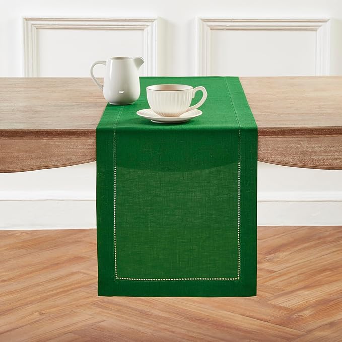 Solino Home Linen Table Runner 48 Inches - 100% Pure Linen Garden Green Hemstitch Table Runner 14 x 48 Inch Ideal for Dresser and Coffee Tables - Classic Hemstitch-Ruum Studio Home