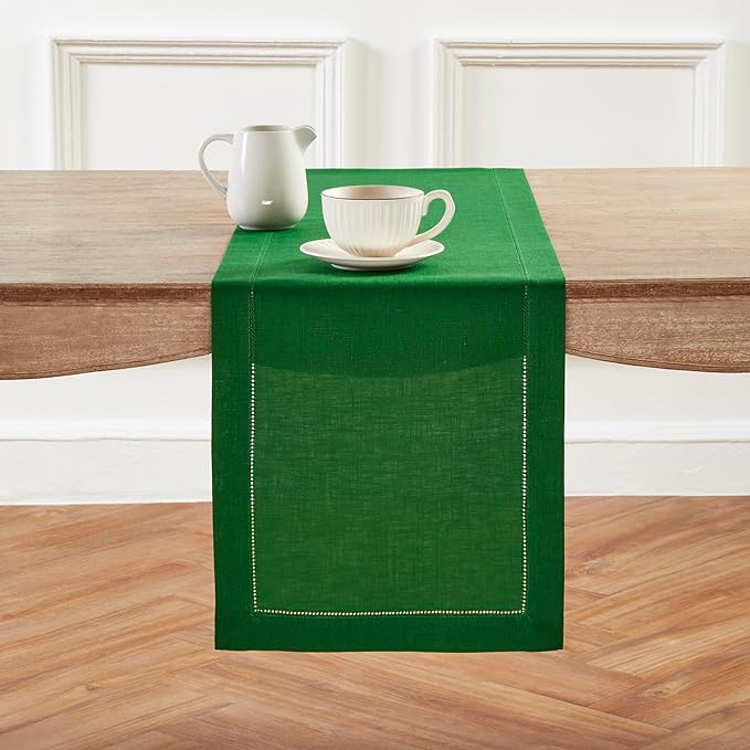 Solino Home Linen Garden Green Table Runner 144 Inches Long - 100% Pure Linen Extra Long Table Runner 14 x 144 Inch - Classic Hemstitch-Ruum Studio Home