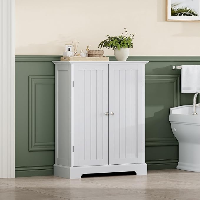 ChooChoo Bathroom Floor Cabinet, Modern Bathroom Storage Cabinet with 2 Doors and Adjustable Shelves, Freestanding Cupboard for Living Room, White-Ruum Studio Home