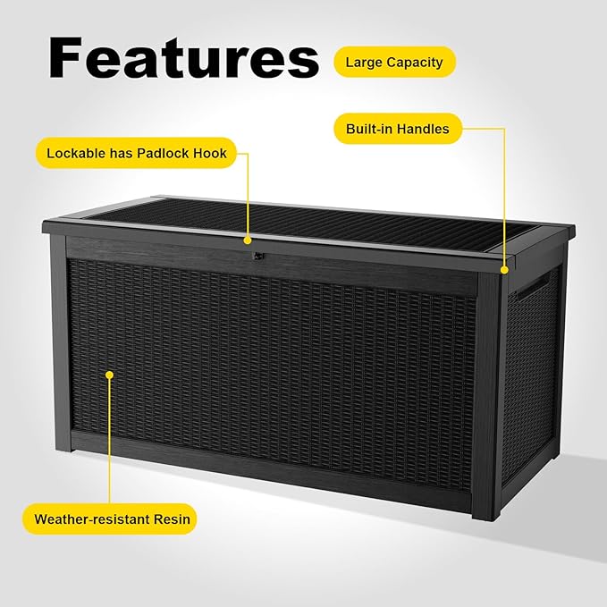 268 Gallon Outdoor Deck Box,Storage Lockable Waterproof Patio Furniture,Garden Tools,Cushions,Pool Accessories Outside Storage Resin Box(Black)-Ruum Studio Home