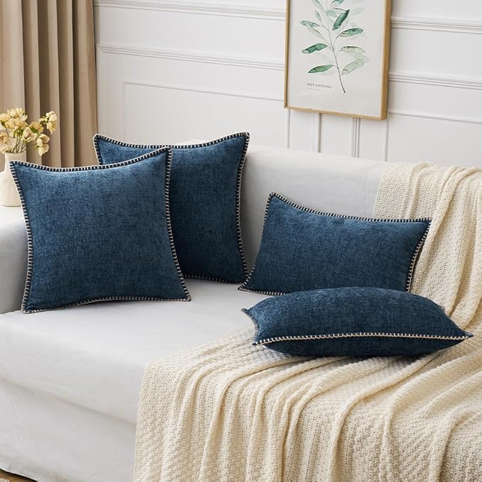 MIULEE Pack of 2 Couch Throw Pillow Covers 18x18 Inch Coastal Navy Blue Farmhouse Decorative Pillow Covers with Stitched Edge Soft Chenille Solid Dyed Spring Pillow Covers for Sofa Bed Living Room-Ruum Studio Home