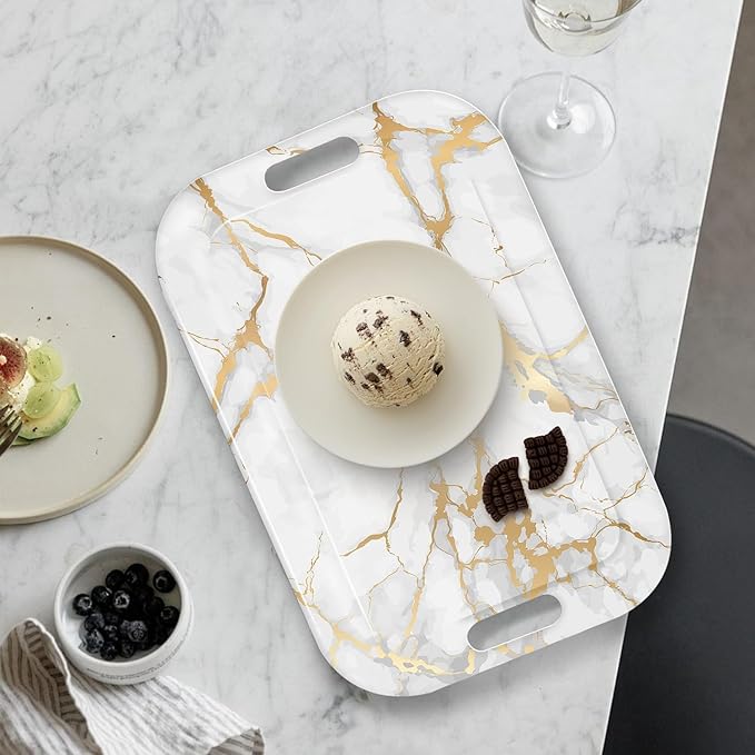 Serving Trays with Handles, 14.5 x 9.8 inch Rectangular Plastic Tray for Restaurant, Kitchen, Golden White Marble-Ruum Studio Home