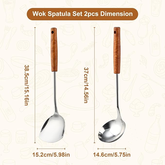 FJNATINH Wok Spatula and Ladle Tool Set - Stainless Steel Wok Tools,Wok Utensil,Mirror Polished Stainless Steel Cooking Utensils 14.6-15.2" Kitchen Utensils Cookware, Pack of 2-Ruum Studio Home