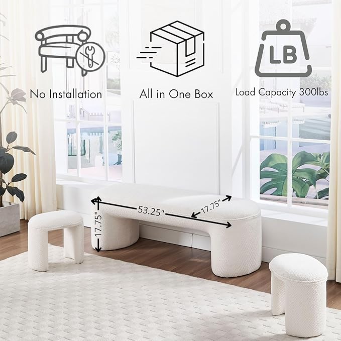 3-Piece 53" Comfy Upholstered Dining Bench with 2 Ottomans, Accent Waterfall Bench Modern End of Bed Entryway Bench Vanity Stool, White Chenille-Ruum Studio Home