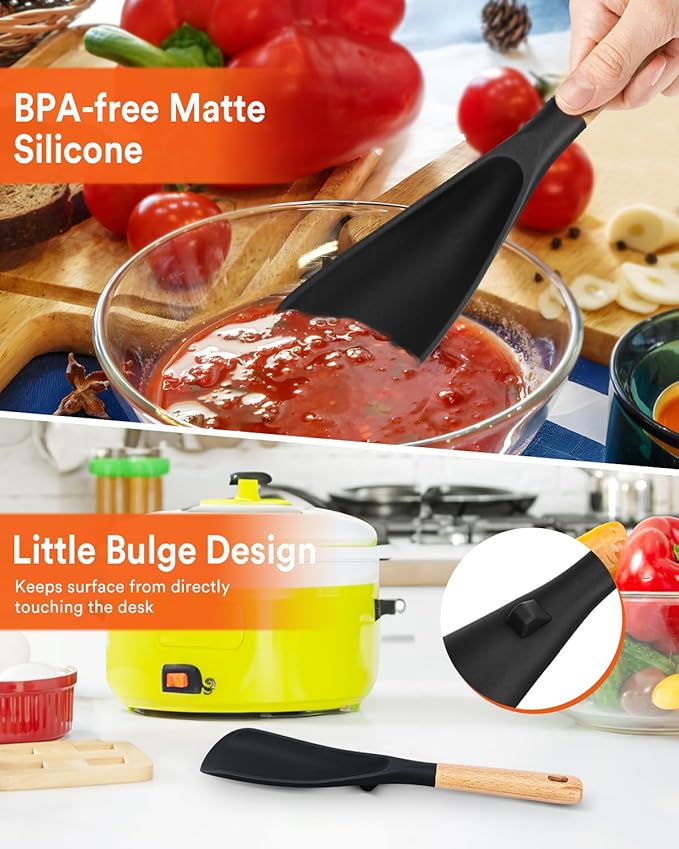 Cooking Spoon and Scraper for Nonstick Cookwares, Great for Cooking and Serving Durable BPA-Free Matte Silicone, Wood Handle Multifunction Spoon for Mixing, Scoop, and Scrape (BLACK)-Ruum Studio Home