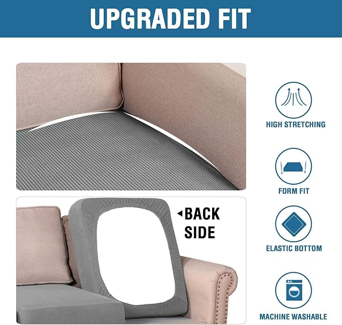 H.VERSAILTEX Super Stretch Individual Seat Cushion Covers - Sofa & Couch Cushion Slipcover Sets - Thick Jacquard Textured Twill Fabric (3 Piece XL, Dove)-Ruum Studio Home