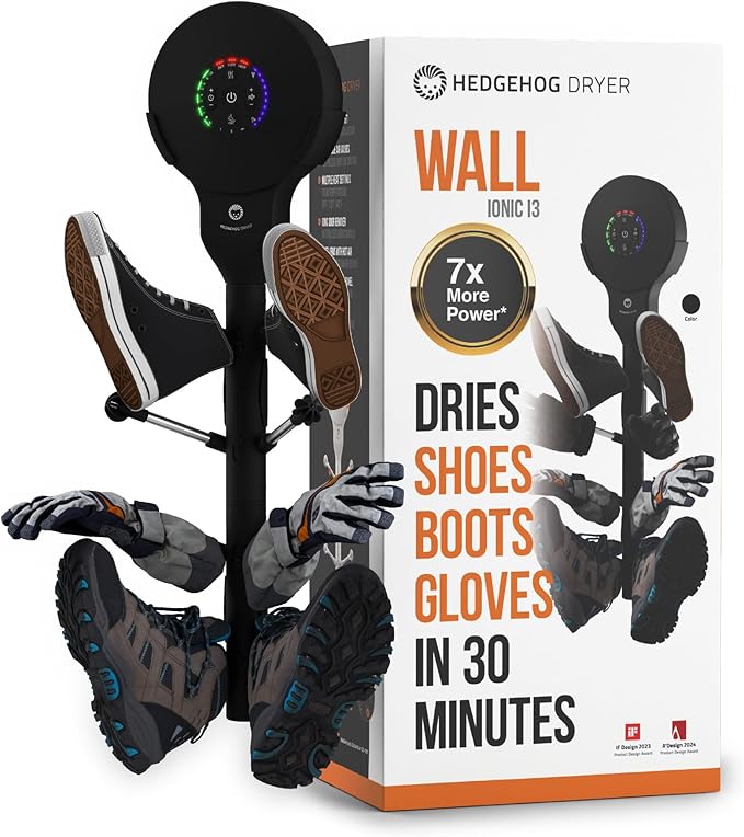 Hedgehog Portable Shoe Dryer and Deodorizer for Sneakers Wall Mounted, Gloves & Mittens, Rapid 4 Pair Shoes Dryer, Turbocharged Drying, Silent & Tornado Mode, Adjustable Heat Blower, Black-Ruum Studio Home