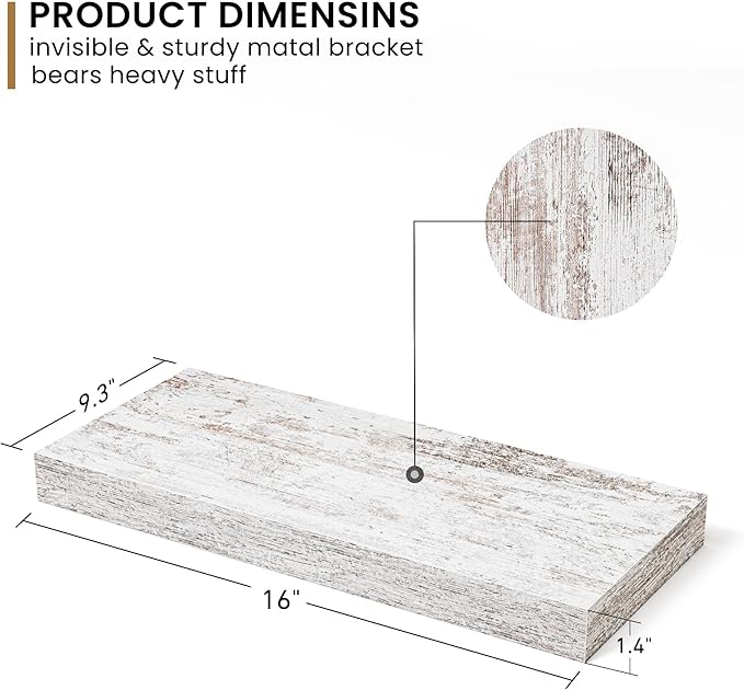Fun Memories Deep Floating Shelves - 16" W x 9" D x 1.6" H Rustic Grey Wall Shelf - Wall Mounted Shelves for Storage - Wooden Shelves with Invisible Brackets for Living Room, Farmhouse - Set of 2-Ruum Studio Home