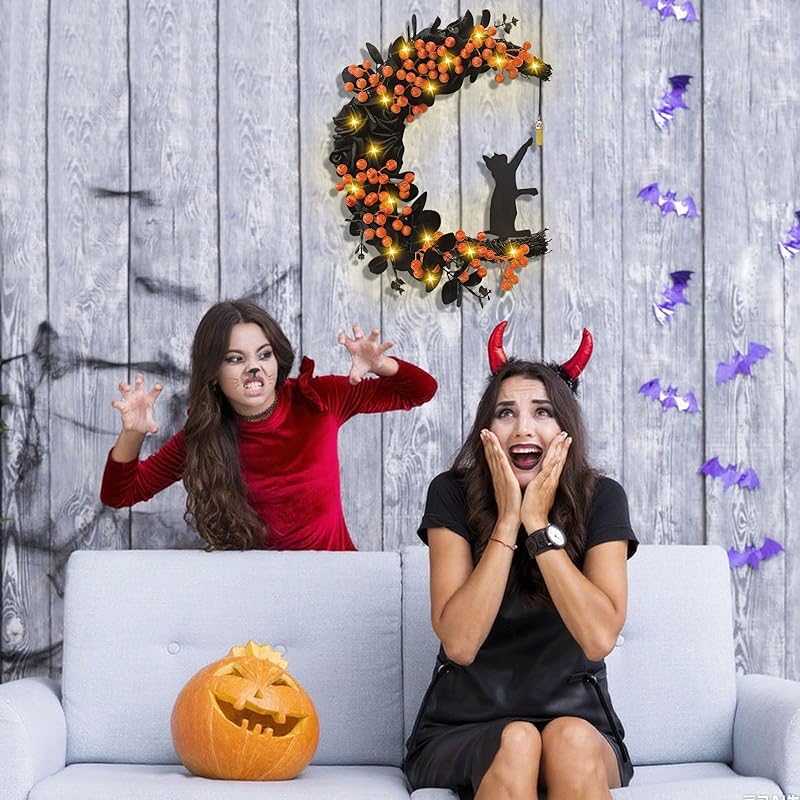 Halloween Wreaths for Front Door with Light, Black Cat Crescent Moon Wreath, Cute Cat Garland Halloween Door Decorations for Outdoor Indoor Decor Wall Window Home Party-Ruum Studio Home