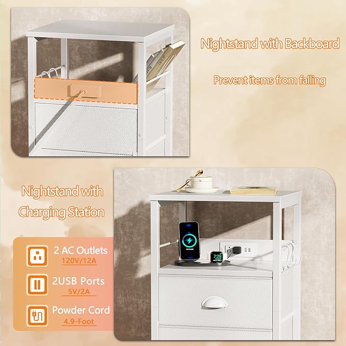 Furologee End Table with Charging Station, Nightstand with Fabric Drawers, Side Tables with USB Ports & Outlets, Night Stand with Storage Shelf & Hooks, for Living Room/Bedroom, White-Ruum Studio Home