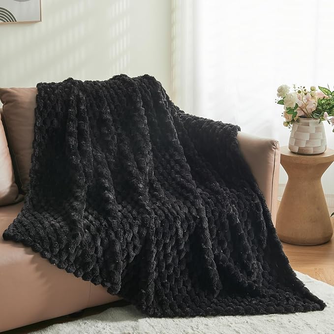 NEWCOSPLAY Super Soft Throw Blanket Black Premium Silky Flannel Fleece 3D Clouds Stylish Jacquard Lightweight Bed Blanket All Season Use 350GSM (Black, Throw(50"x60"))-Ruum Studio Home