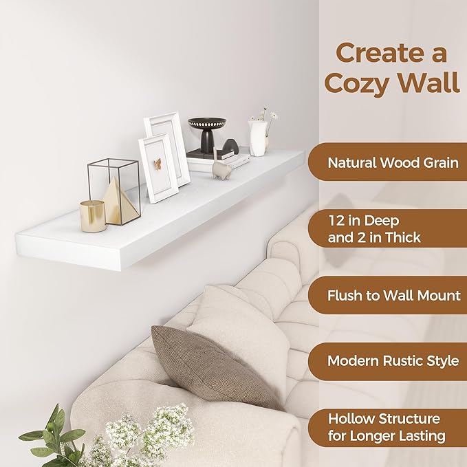 Fun Memories White Floating Shelves 55 Inch Long, 12 Inch Deep Floating Shelves for Wall, 55 x 12 Large Wall Shelf for Fireplace Mantel, 2 Inch Thick Storage Shelves for Living Room, Bedroom, 1 Pack-Ruum Studio Home