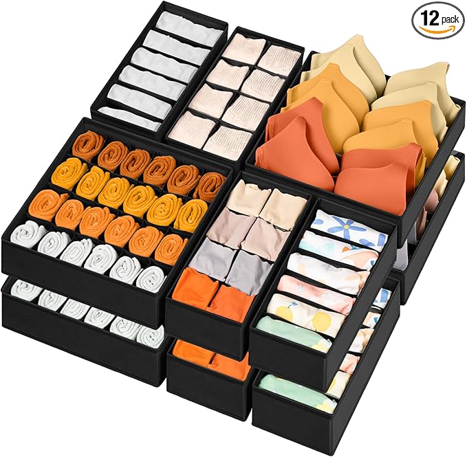 12 Pack Drawer Organizers, 116 Compartments Fabric Foldable Dresser Drawer Organizers for Clothing, Closet Organizers and Storage Bins for Clothes, Christmas Ornament Storage Boxes with Dividers-Ruum Studio Home