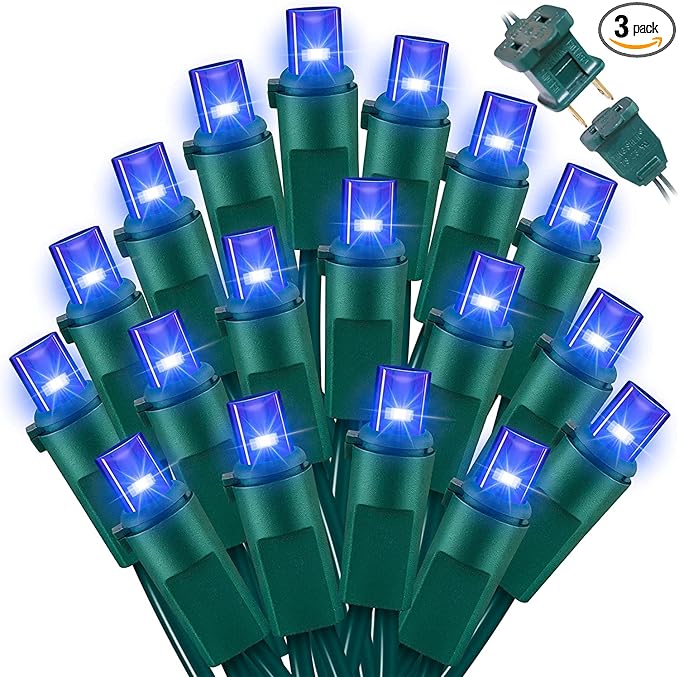Blue Wide Angle LED Christmas Lights, 64.8 Ft 300 Count, Pack of 3 Strands 21.9 Ft 100 Lights UL Certified Commercial Grade Green Wire 5mm Holiday String Light-Ruum Studio Home