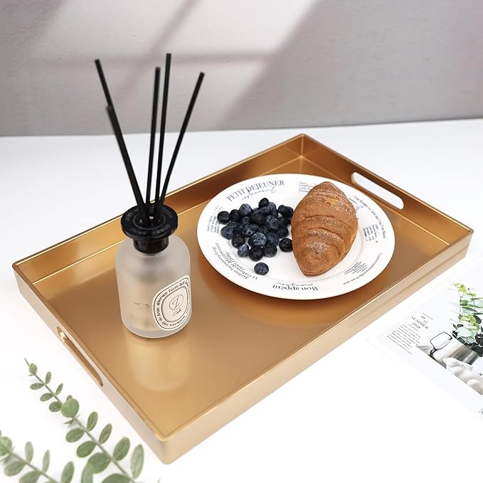 Spsyrine Gold Decorative Serving Tray with Handles, Elegant Plastic Coffee Table Tray for Ottoman, Living Room, Home Decor 15.6" X 10.2"-Ruum Studio Home