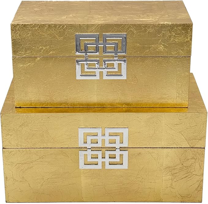 Galt International Storage Box Set Decorative Storage Box w/Hinged Lid Classic Design Wood Decor Boxes with Geometric Clasp Storage for Bedroom & Home - Set of 2 (Gold Leaf)-Ruum Studio Home