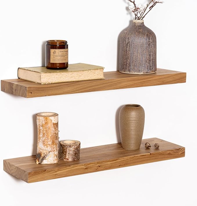 Wood Floating Shelves for Wall, 24" Floating Shelves Wall Mounted, Rustic Old Elm Wood Shelf for Home Decor, Heavy-Duty Storage Shelves for Books, Bathroom, Kitchen, Natural Color, Set of 2-Ruum Studio Home