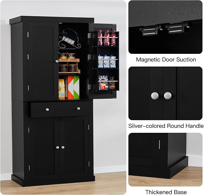 usikey 72” Kitchen Pantry Cabinet, Tall Storage Cabinet with 4 Doors and 1 Drawer, Freestanding Cupboard with 6 Hanging Shelves and Adjustable Shelves for Kitchen, Dining Room,Living Room, Black-Ruum Studio Home