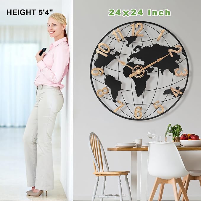 24 Inch Large Wall Clock for Living Room Decor,Big Modern Decorative Silent Metal World Map Wall Clock with Vintage Gold Arabic Numeral for Office,Living Room,Kitchen,Dining Room-Ruum Studio Home