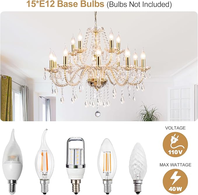 Modern Elegant 15 Lights K9 Crystal Glass Chandelier Golden Pendant Ceiling Lighting European Style for Dining Living Room Bedroom Transparent,15 E12 Bulbs Required-Ruum Studio Home