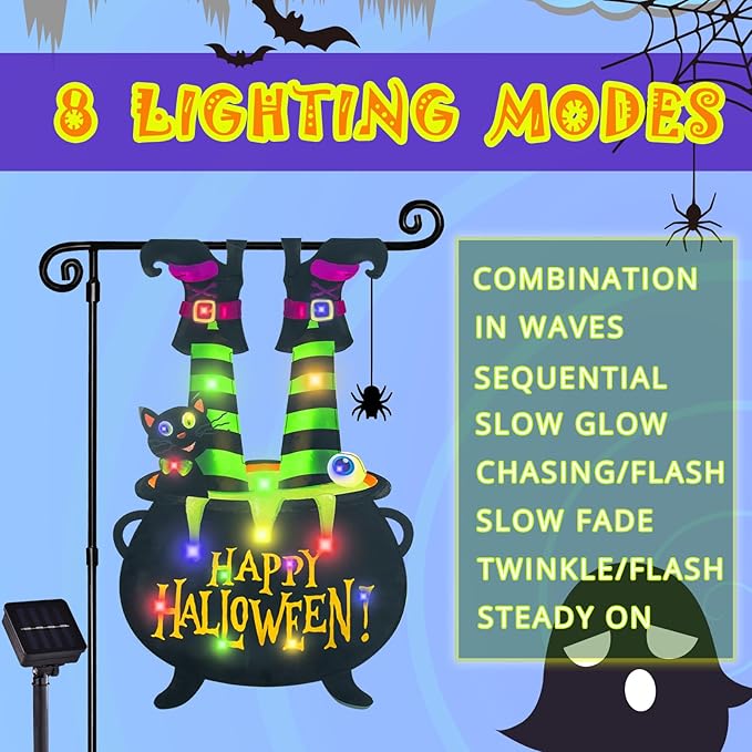 Halloween Lighted Garden Flag for Outside, Led Solar Yard Flag 8 Modes Witch Feet Shape Flag, 12x18 Double Sided Cauldron Eyeball Black Cat Decorations for Home Porch-Ruum Studio Home