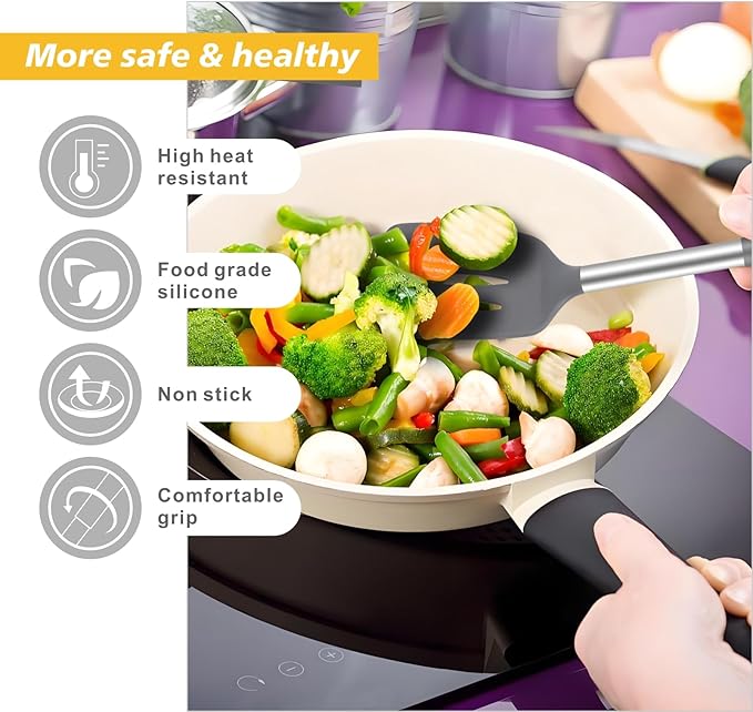 5-Piece Silicone Kitchen Tool Set, BPA-Free, Heat-Resistant, Non-Stick & Dishwasher-Safe, with Slotted/Solid Spoons & Spatulas for Frying, Mixing, Draining – Includes Multi-Purpose Serving Hook(Gray)-Ruum Studio Home