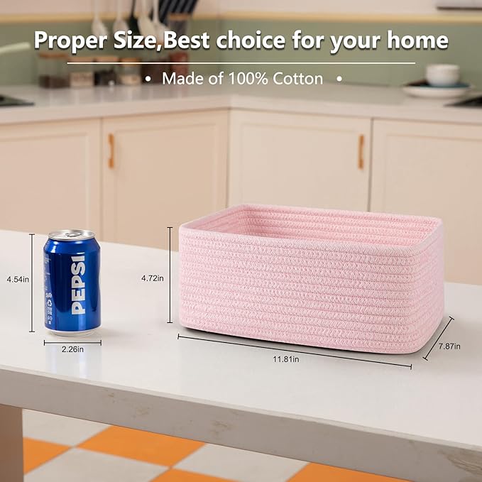 4 Pack Small Storage Shelf Baskets for Organizing, Mini Woven Rope Storage Bins for Towels, Cute Decorative Closet Organizer，Baby Nursery, Gift Empty Baskets -11.81''Lx7.87''Wx4.72''H-Pink-Ruum Studio Home